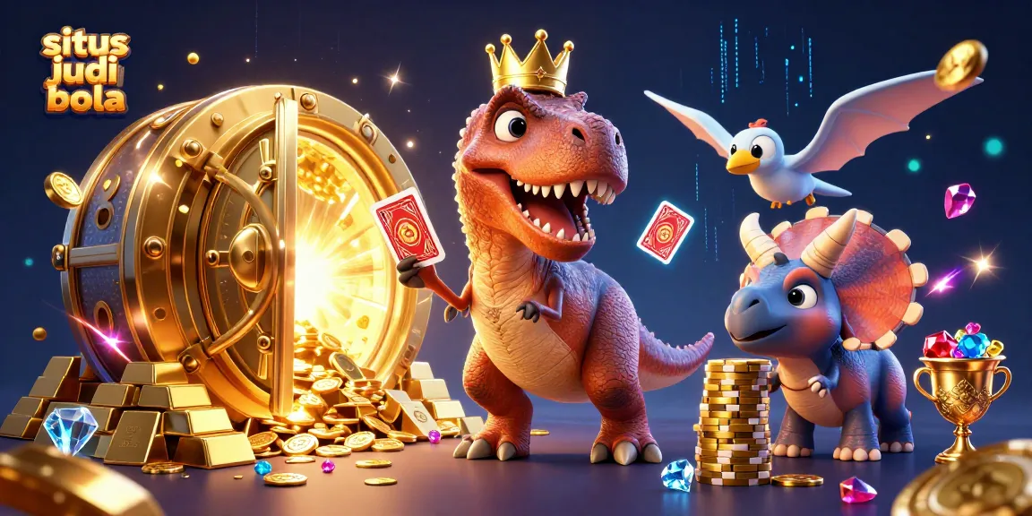 Engage with situs judi bola through a colorful scene featuring dinosaurs and gold treasures.
