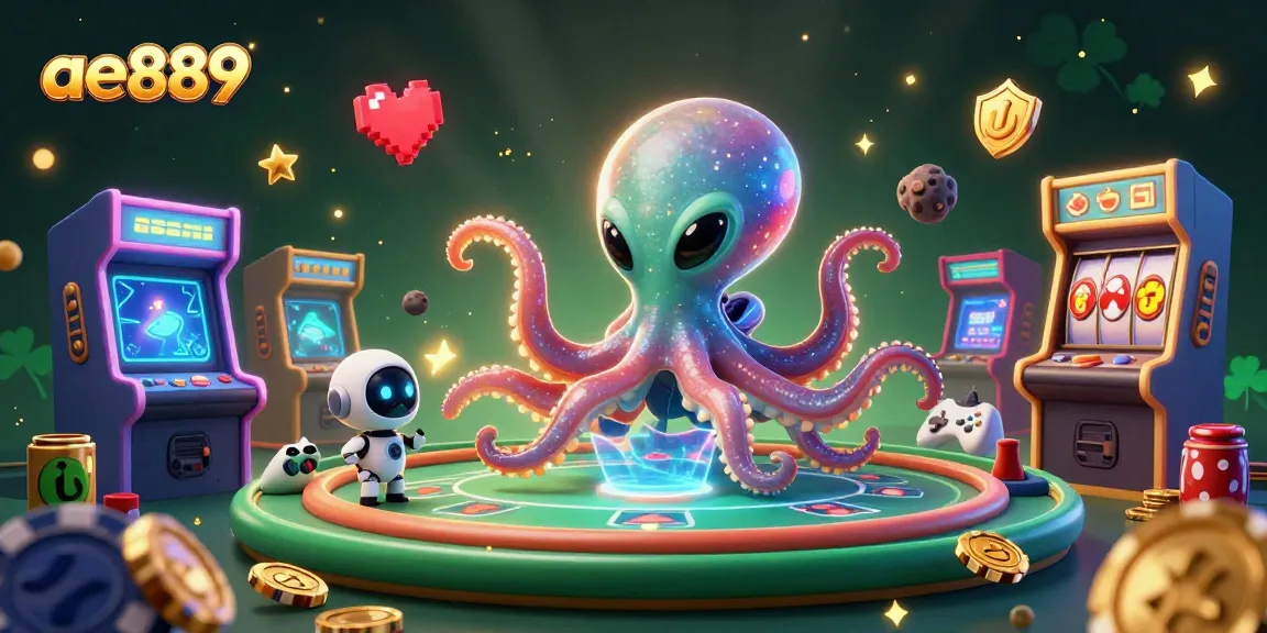 ae889 alien octopus gaming at a holographic poker table surrounded by vibrant casino elements