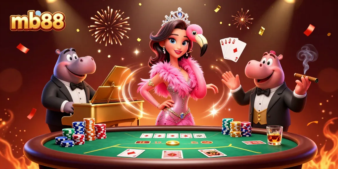 Experience high-energy gameplay at mb88 with vibrant characters and poker elements in this dynamic casino scene.