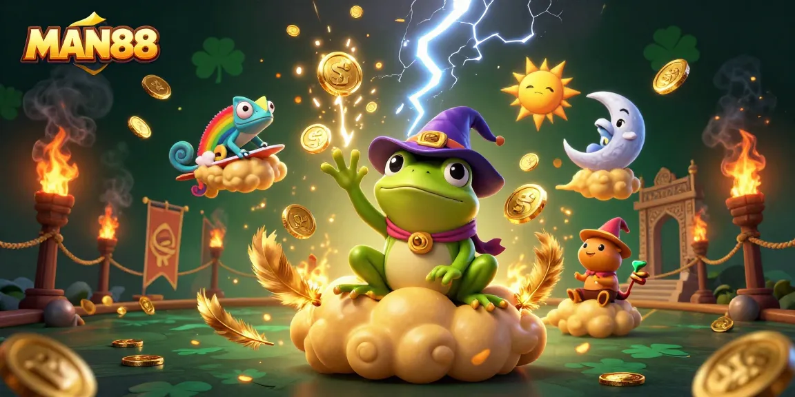 Join the excitement at MAN88 as the frog wizard unleashes a coin storm in this vibrant casino scene.