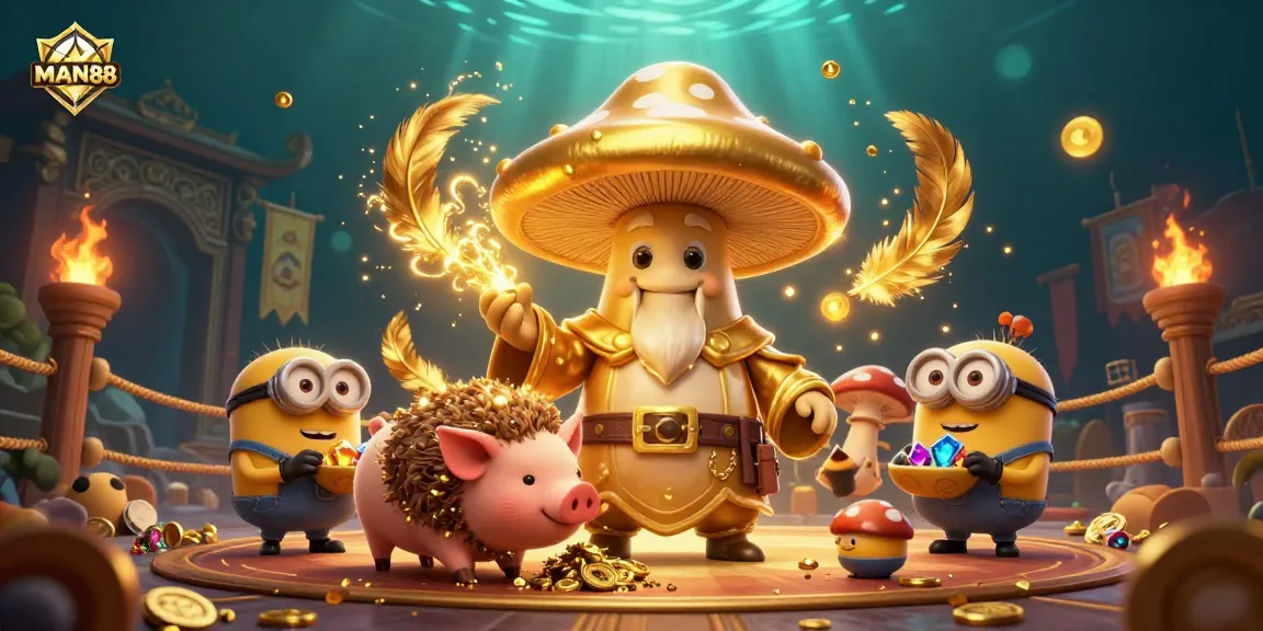 Experience the magic of MAN88 while finding treasure with vibrant characters and casino elements in this dynamic scene.