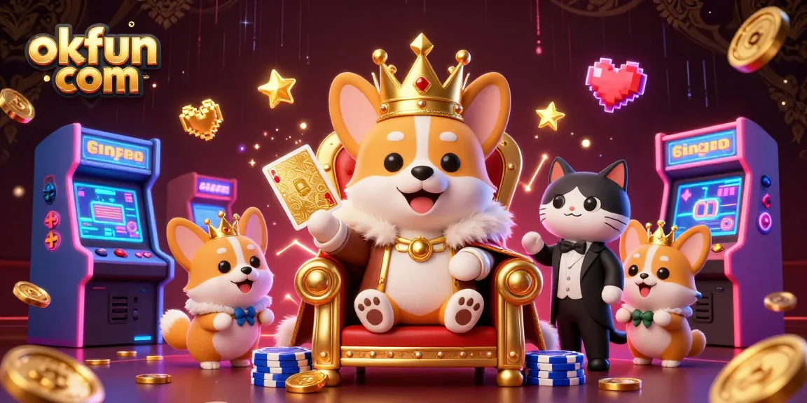 Join the excitement at okfun com with a lively 3D casino scene featuring a royal corgi and dynamic gaming elements.