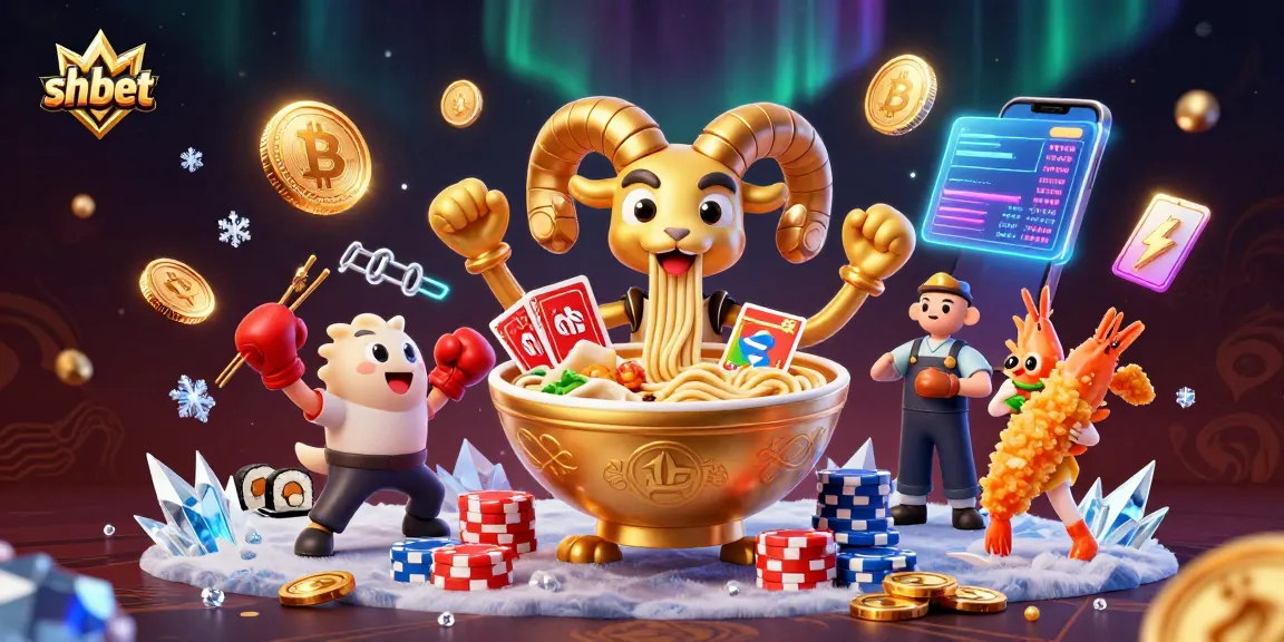 Engage in thrilling moments with SH BET as a giant ramen bowl deals high-stakes cards in a dynamic scene.
