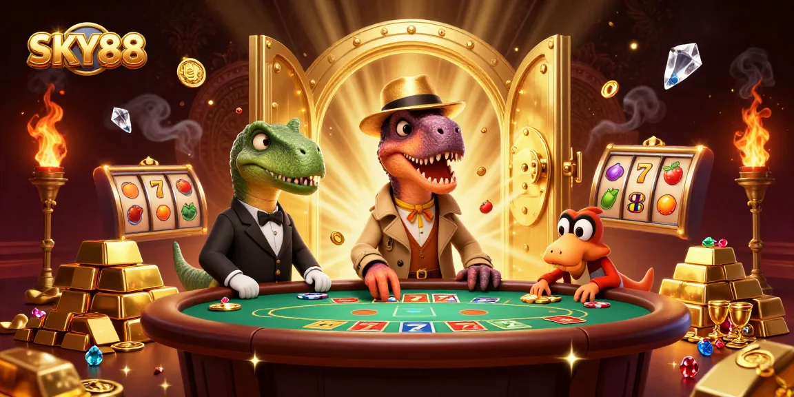 SKY88 casino illustration featuring a velociraptor card counter and dynamic slot elements