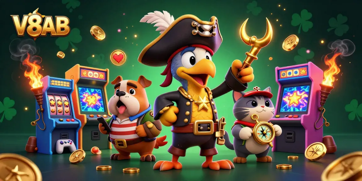V8AB casino illustration showcasing a vibrant scene with characters playing slots and arcade games, enhancing the gaming experience.