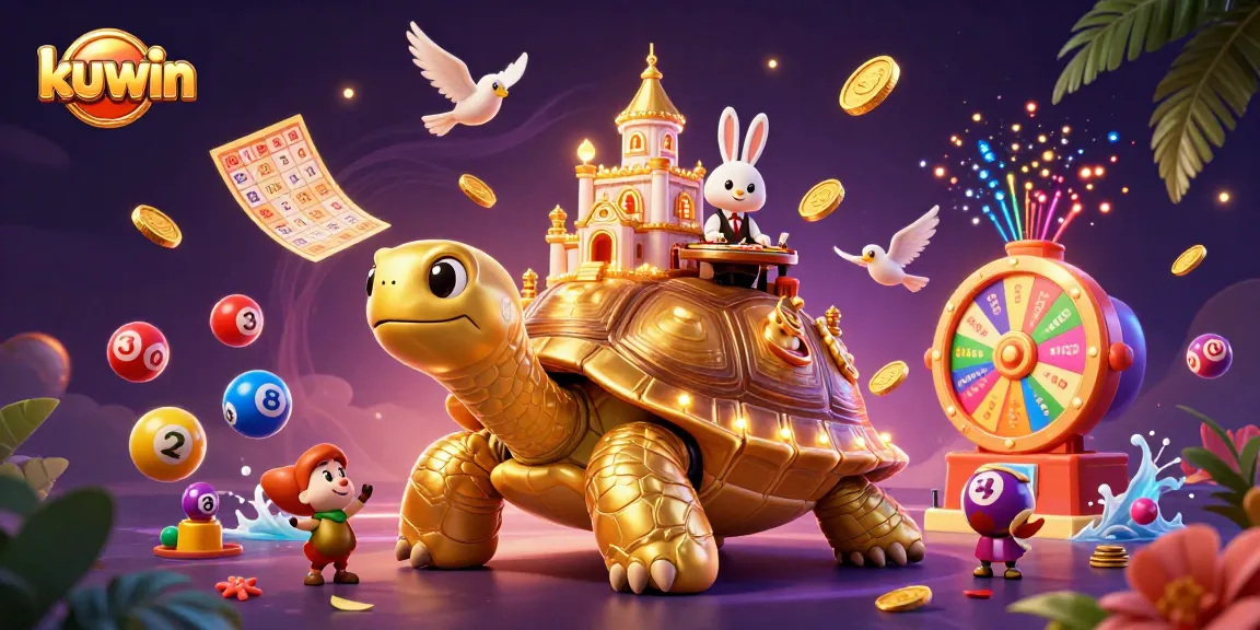 Kuwin brings excitement with a golden tortoise casino, rabbit dealer, and vibrant lottery elements.