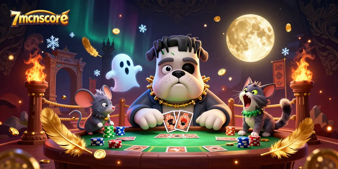 Engage with 7mcnscore, featuring a dynamic card game scene with unique characters and vibrant casino elements.