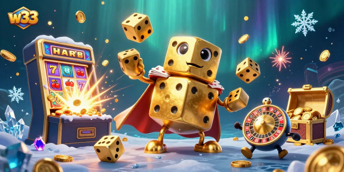 Experience thrilling games at w33 casino with a vibrant 3D illustration of golden dice and slot machines.