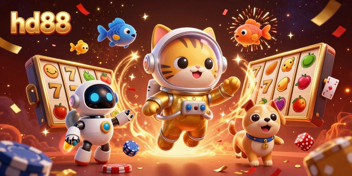 Play exciting games at hd88 with a charismatic astronaut cat and a robot dog in a vibrant casino scene.