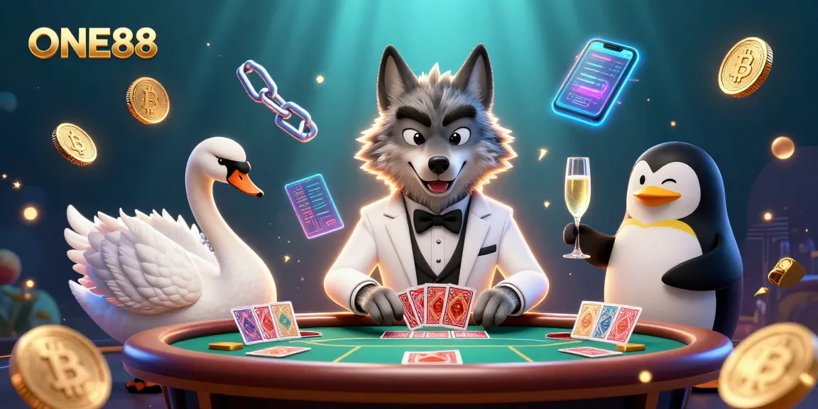 Experience the excitement of ONE88 with a lavish baccarat scene featuring charming characters and crypto elements.