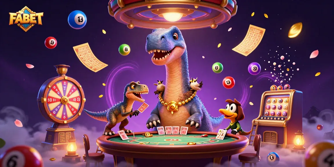 Experience FABET's thrilling gaming scene with a giant brontosaurus and vibrant lottery balls.