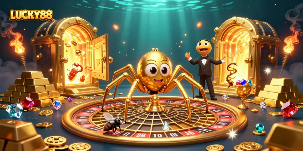 Place bets and win big at LUCKY88 with a vibrant 3D casino scene full of treasures.