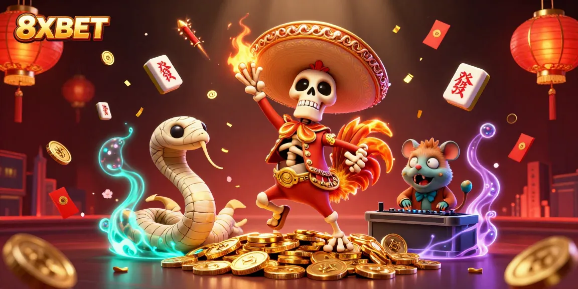 Win big with 8XBET as the skeleton mariachi celebrates amidst a vibrant casino scene.
