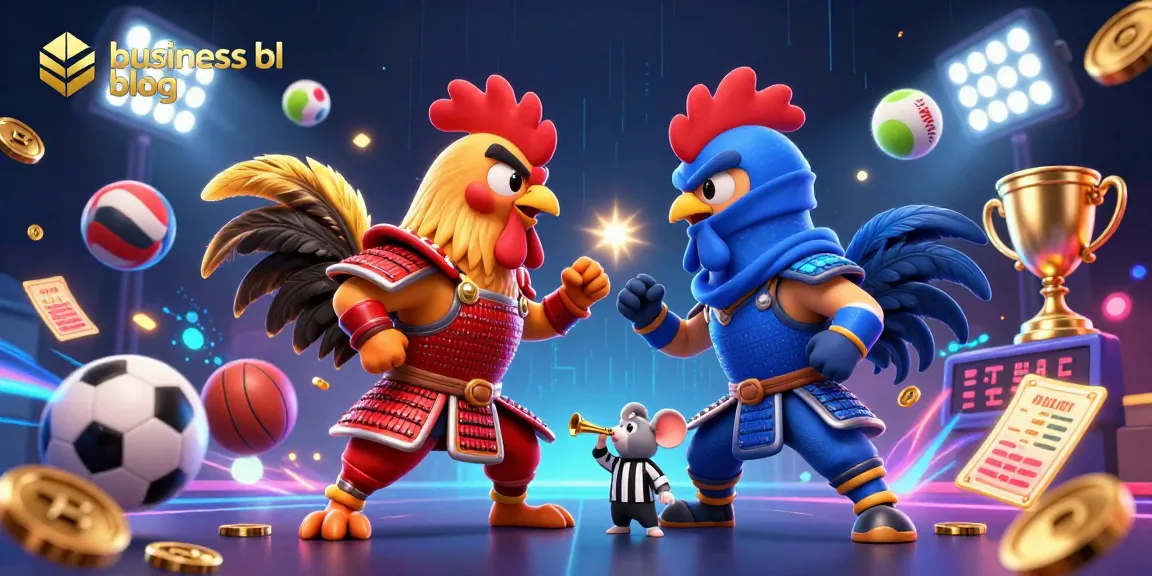 Dynamic scene with fighting roosters in samurai and ninja outfits representing business blog strategies in action