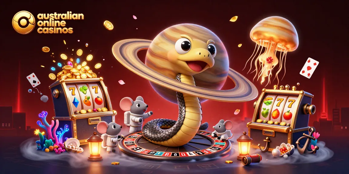 Experience thrilling gaming at australian online casinos with cosmic characters amid vibrant slot elements.