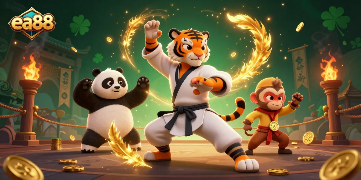 Join the excitement at ea88 as the kung fu tiger master demonstrates skills amidst a vibrant casino atmosphere.