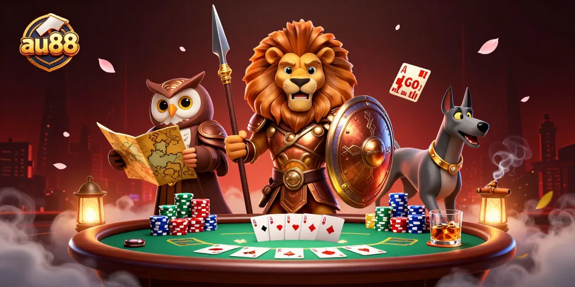 Engage in thrilling poker games at au88, featuring vibrant gaming elements and an action-packed scene.