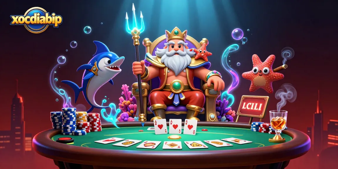 xocdiabip presents a vibrant poker scene with Neptune and a swordfish samurai amidst colorful poker elements.