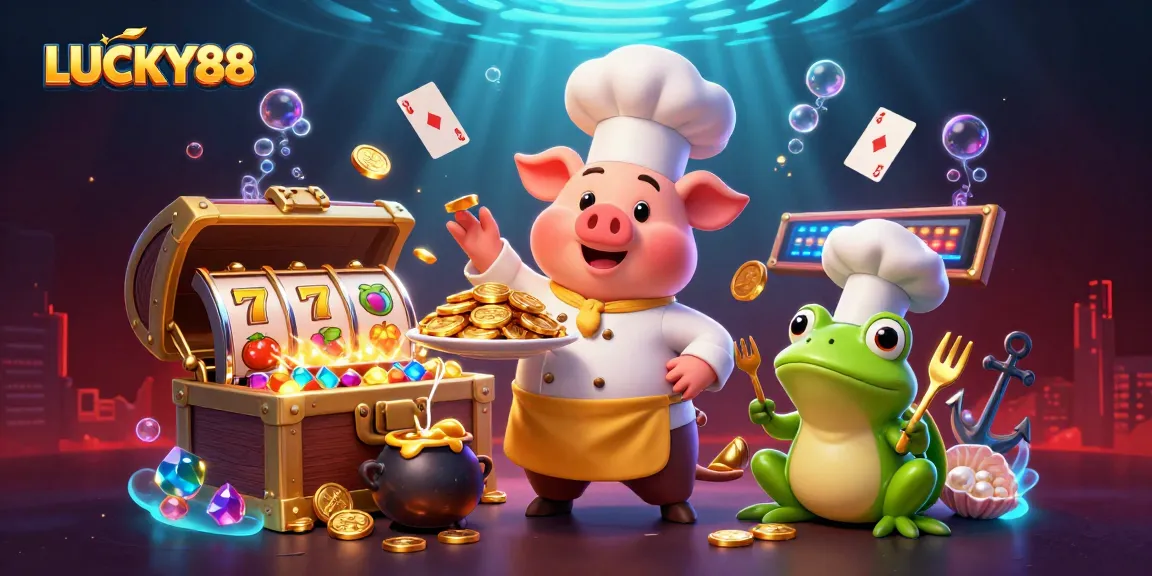 LUCKY88 slots illustration featuring a pig chef, mouse sous-chef, and frog critic amid gold coins and vibrant casino elements.