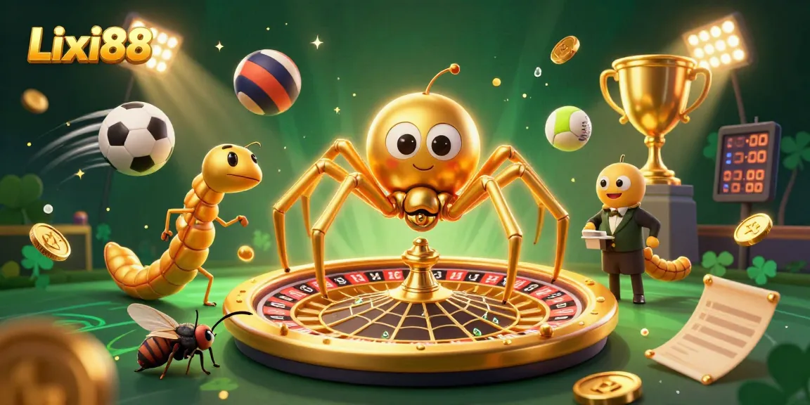 Experience thrilling bets as Lixi88's golden spider spins a roulette web in 3D illustration.