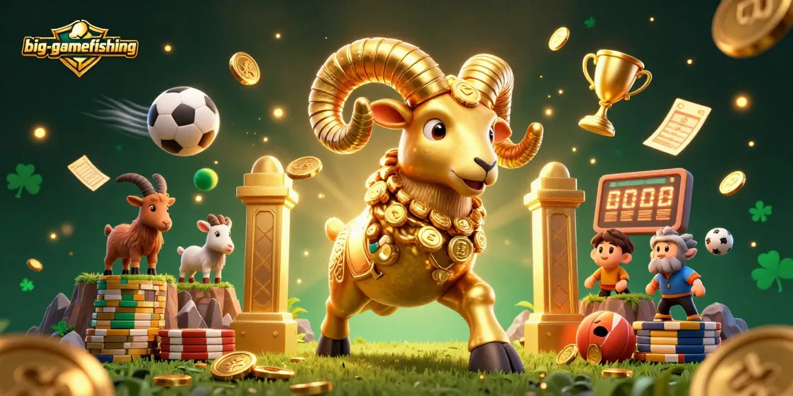 Big-gamefishing scene with a golden ram charging at a gate amidst dynamic sports elements and dazzling effects.