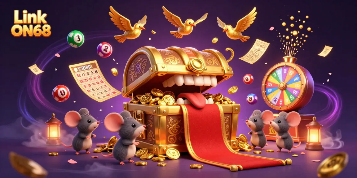 Engage with Link ON68 through this vibrant lottery-themed 3D illustration filled with excitement.